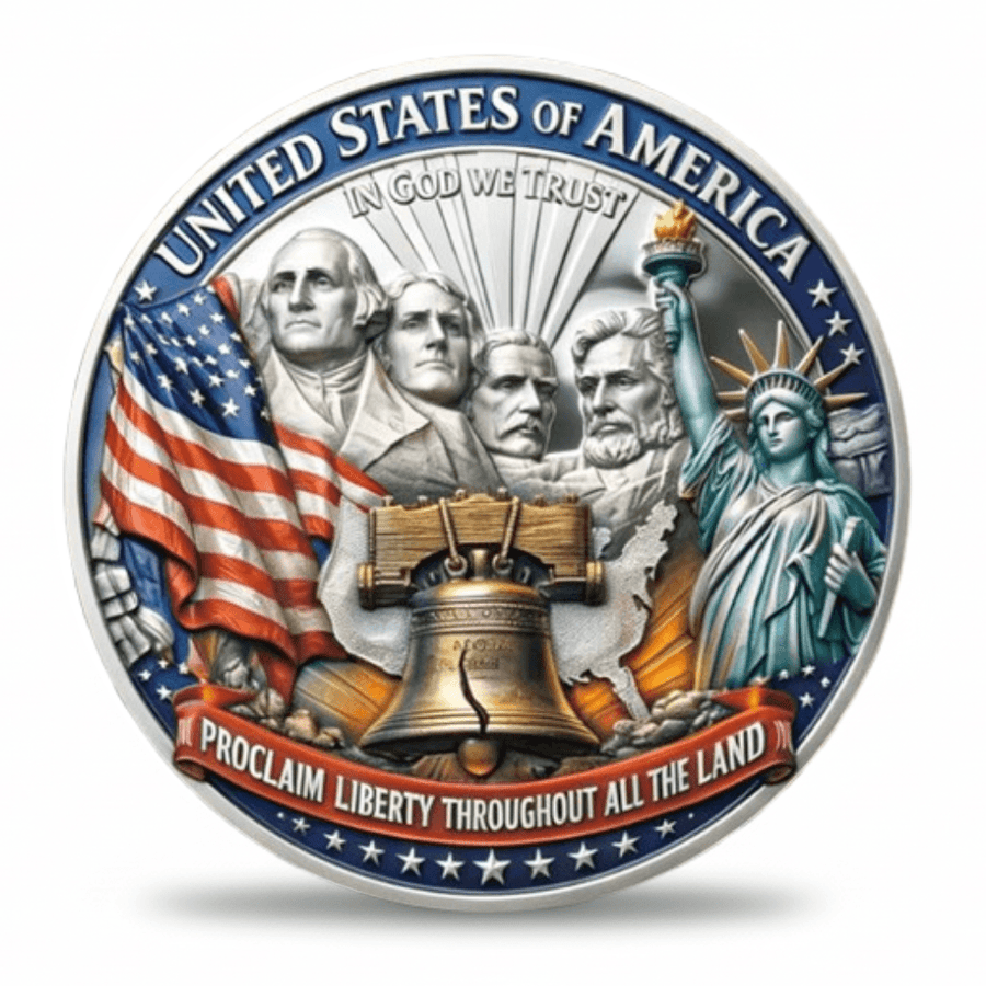 United States of America commemorative coin reverse Mount Rushmore Liberty Bell Statue of Liberty Proclaim Liberty Throughout All the Land patriotic collectible
