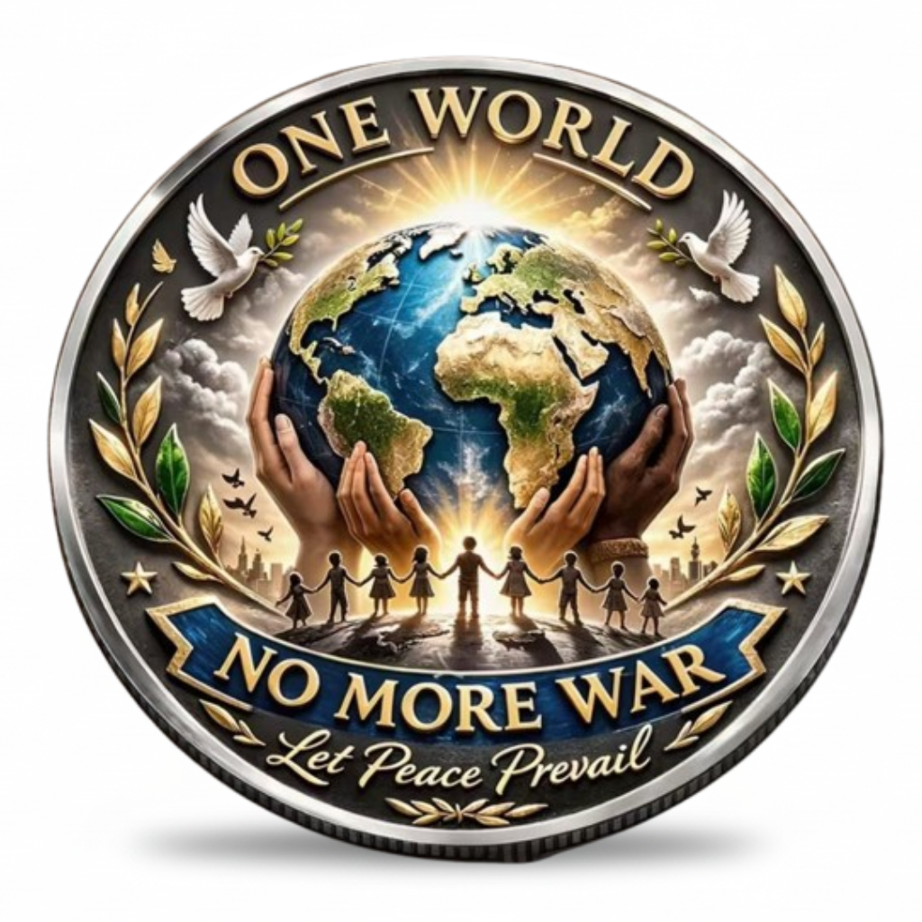 One World No More War collectible coin silver finish featuring globe doves children holding hands and Let Peace Prevail inscription available at One More Coin store

