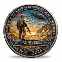 Operation Desert Storm 35th Anniversary collectible coin featuring soldier silhouette stealth bomber and burning oil fields 1991 to 2026 available at One More Coin store
