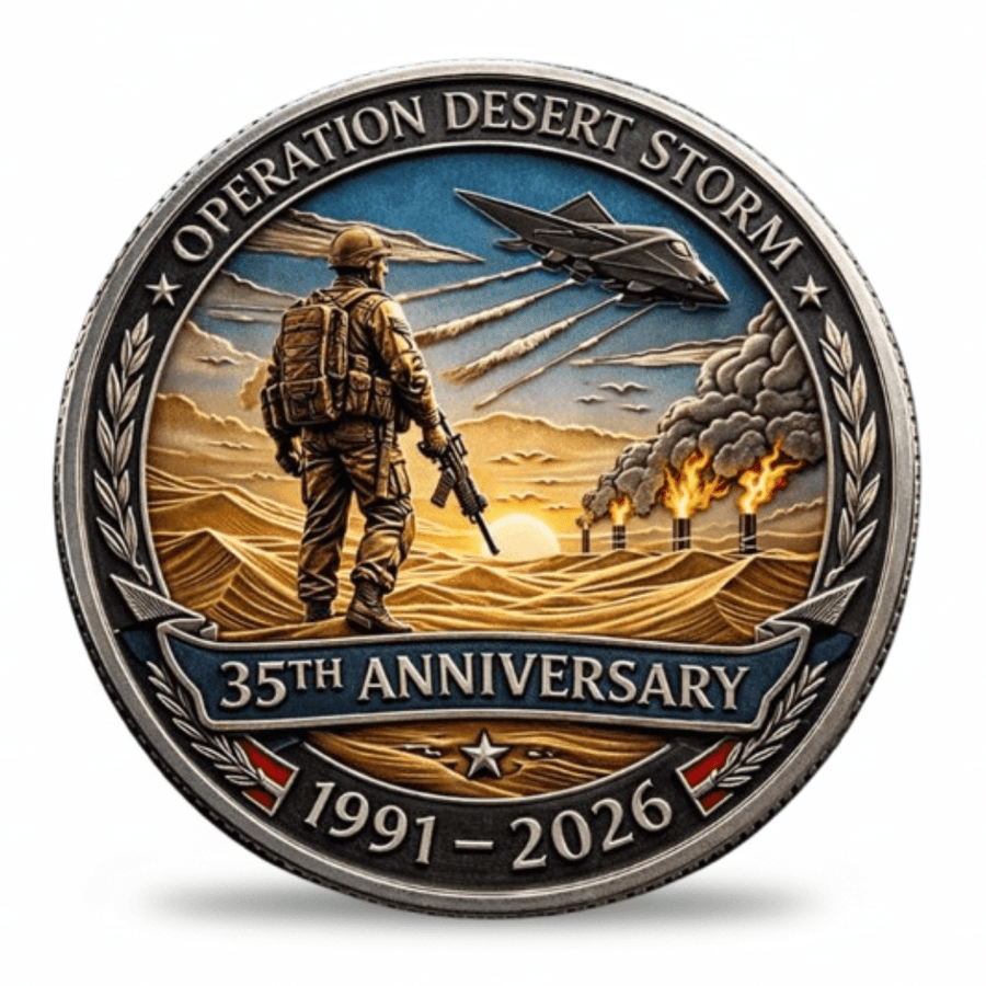 Operation Desert Storm 35th Anniversary collectible coin featuring soldier silhouette stealth bomber and burning oil fields 1991 to 2026 available at One More Coin store
