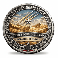 Reverse of Desert Storm Veterans collectible coin showing desert dunes missiles and Liberation of Kuwait inscription 1991 to 2026
