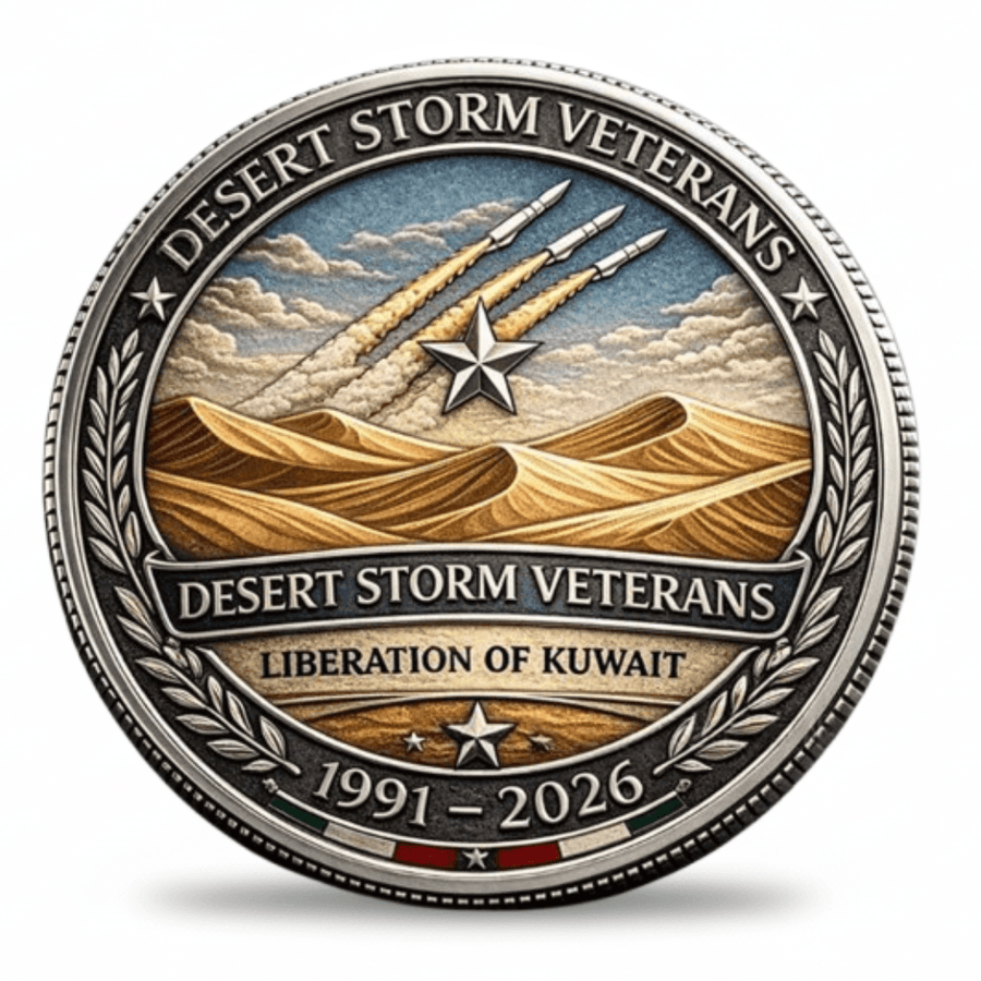 Reverse of Desert Storm Veterans collectible coin showing desert dunes missiles and Liberation of Kuwait inscription 1991 to 2026
