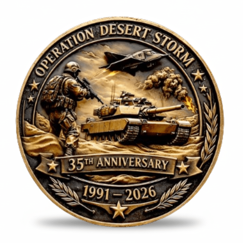 Operation Desert Storm 35th Anniversary collectible coin featuring soldier M1 Abrams tank and stealth bomber desert battle scene 1991 to 2026 available at One More Coin store

