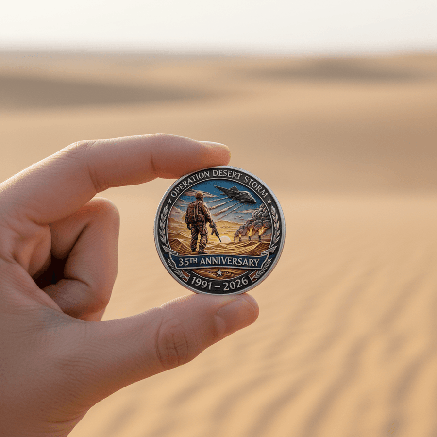 Operation Desert Storm Coin – Hand Held Sandy Ground Foreground