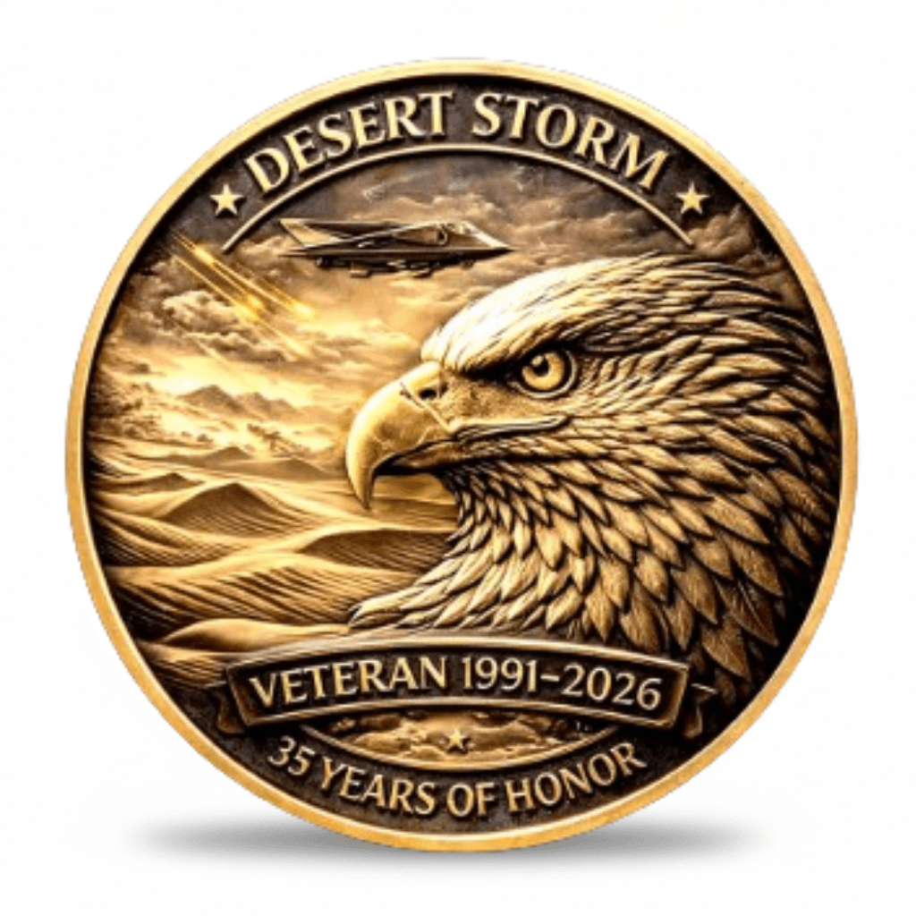 Reverse of Desert Storm veteran collectible coin featuring bald eagle desert dunes stealth bomber and inscription 35 Years of Honor 1991 to 2026
