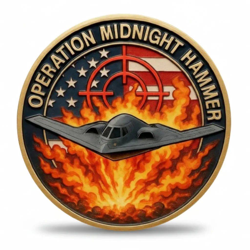 Operation Midnight Hammer B-2 Spirit stealth bomber military challenge coin USAF collectible gift for Air Force veterans available at One More Coin store
