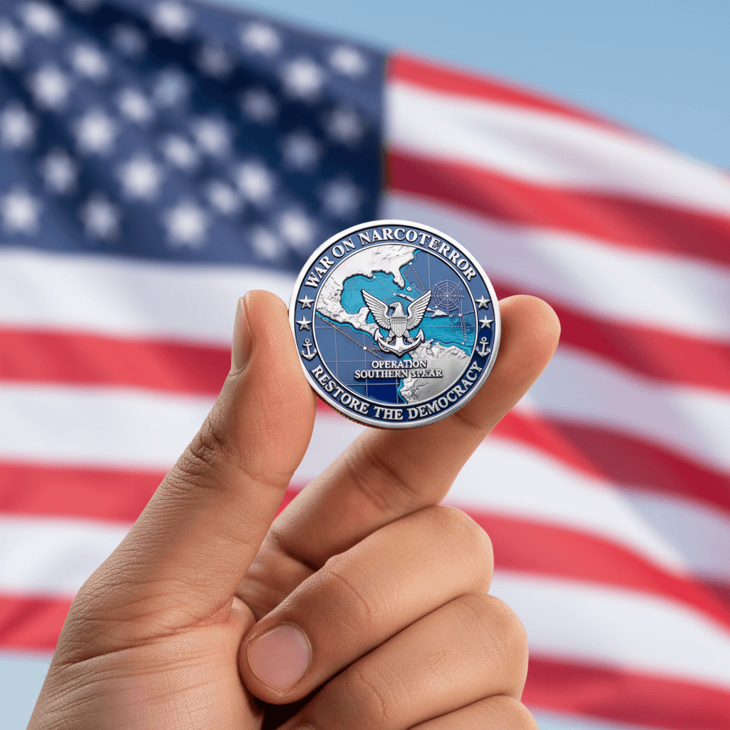 A hand holds a round commemorative coin in front of a blurred American flag. The coin is silver-toned with blue, white, and red details and reads 'BARKIN VARCOTERON' and 'RESTORE THE DEMOCRACY.