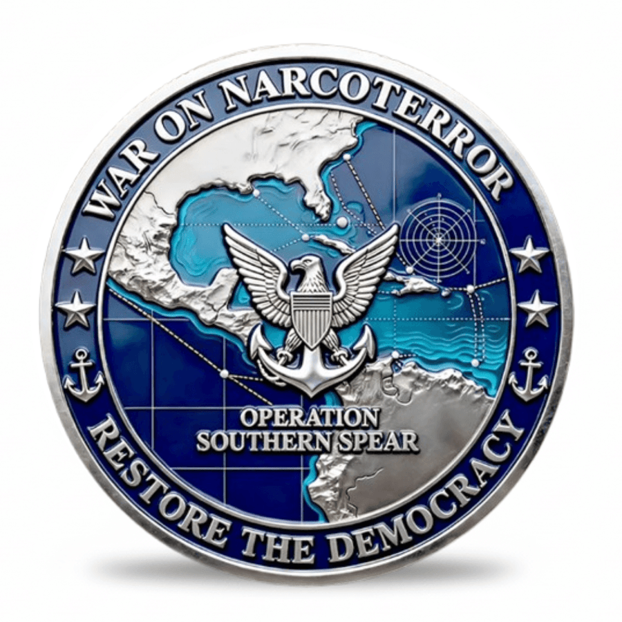 Operation Southern Spear War on Narcoterror Navy eagle anchor Caribbean tactical map collectible coin token reverse side
