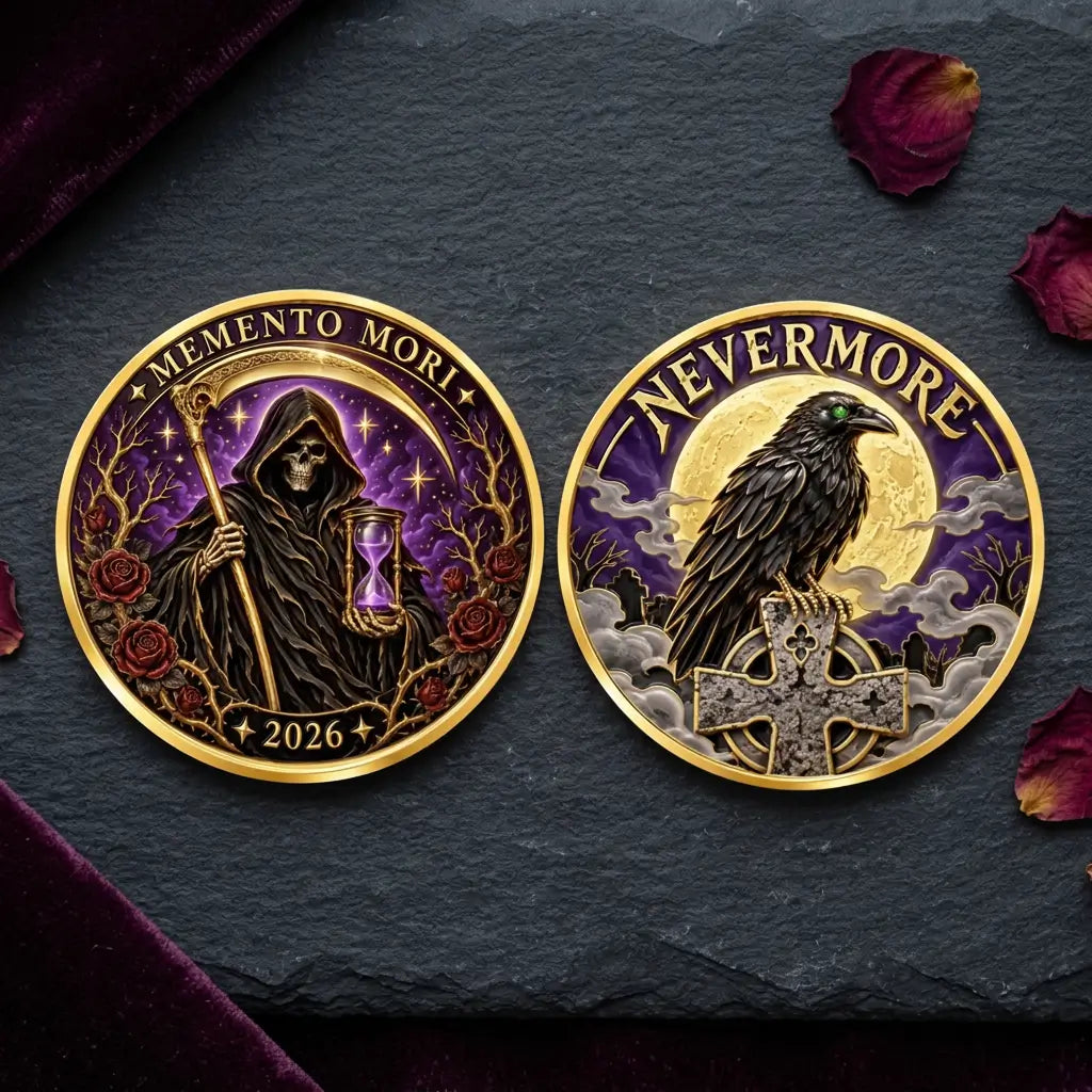 Overhead lifestyle view of both sides of the Memento Mori Nevermore coin on charcoal slate with plum velvet and dried red rose petals. One face shows a hooded Grim Reaper holding a scythe and purple hourglass, framed by red roses with “MEMENTO MORI” and “2026” inscriptions. The other shows a green-eyed black raven perched on a stone cross before a full moon beneath “NEVERMORE,” collectible token
