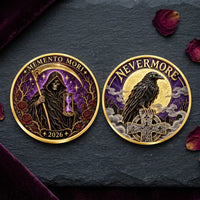 Overhead lifestyle view of both sides of the Memento Mori Nevermore coin on charcoal slate with plum velvet and dried red rose petals. One face shows a hooded Grim Reaper holding a scythe and purple hourglass, framed by red roses with “MEMENTO MORI” and “2026” inscriptions. The other shows a green-eyed black raven perched on a stone cross before a full moon beneath “NEVERMORE,” collectible token
