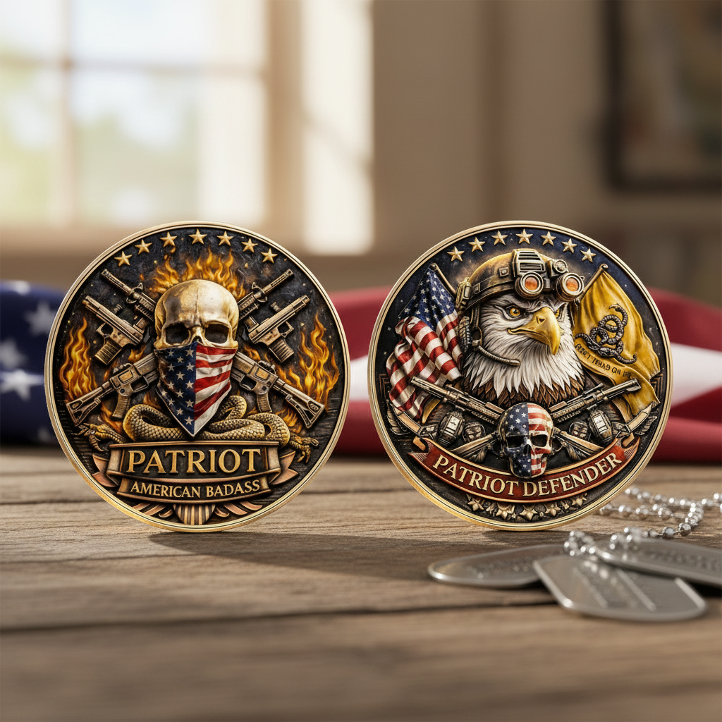 Patriot American Badass and Patriot Defender collectible coin set displayed together on rustic wood with American flag background
