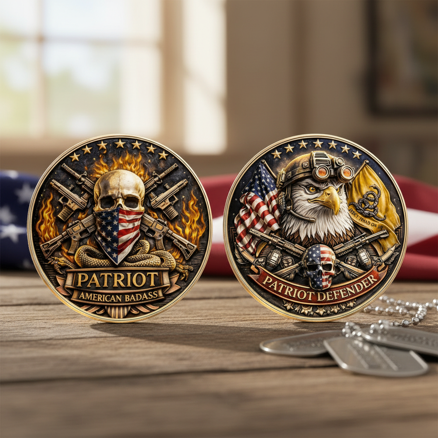 Patriot American Badass and Patriot Defender collectible coin set displayed together on rustic wood with American flag background
