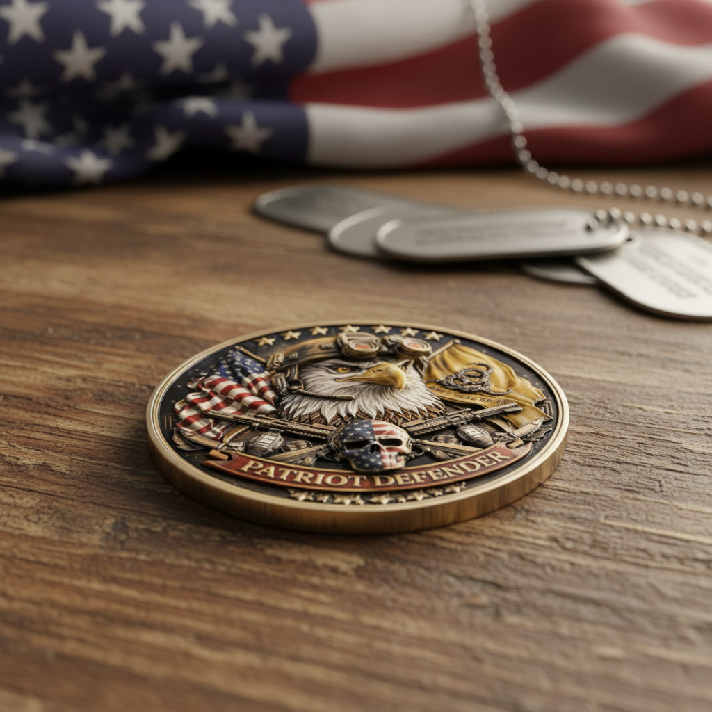 Patriot Defender collectible coin laid flat on rustic wooden surface with American flag and dog tags in background
