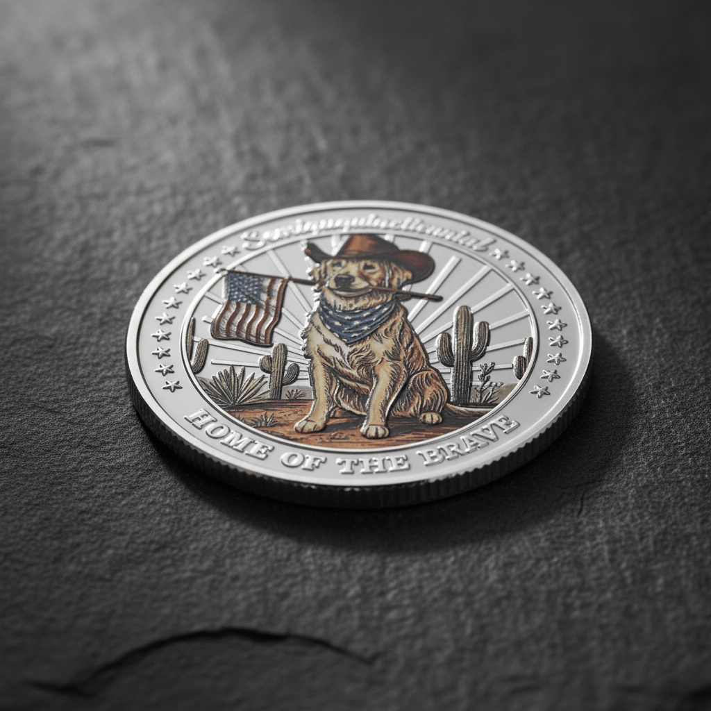 Patriotic dog USA 250th anniversary collectible coin laid flat on dark surface silver enamel relief detail display shot commemorative collectible token
