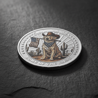 Patriotic dog USA 250th anniversary collectible coin laid flat on dark surface silver enamel relief detail display shot commemorative collectible token
