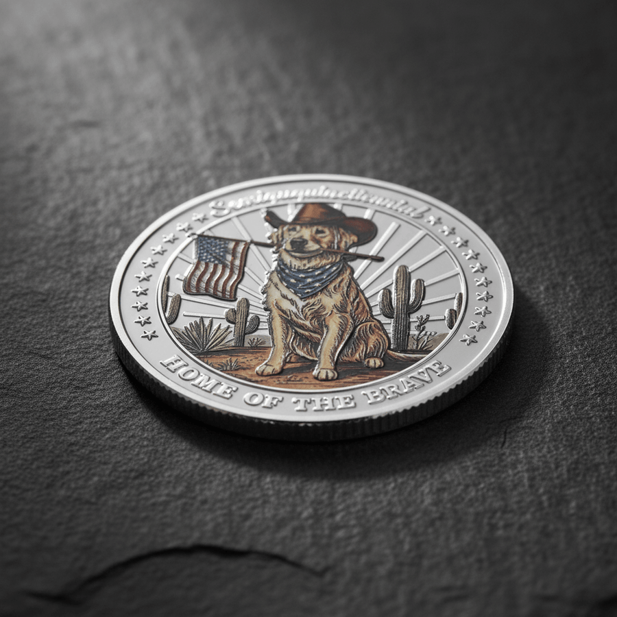 Patriotic dog USA 250th anniversary collectible coin laid flat on dark surface silver enamel relief detail display shot commemorative collectible token
