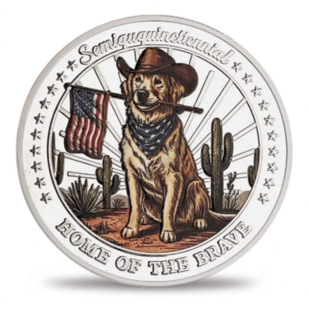Patriotic dog collectible coin featuring golden retriever in cowboy hat holding American flag Semiquincentennial Home of the Brave USA 250th anniversary commemorative collectible token available at One More Coin store
