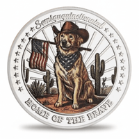 Patriotic dog collectible coin featuring golden retriever in cowboy hat holding American flag Semiquincentennial Home of the Brave USA 250th anniversary commemorative collectible token available at One More Coin store
