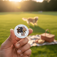 Hand holding patriotic dog USA 250th anniversary collectible coin silver enamel Labrador and golden retriever design outdoor lifestyle commemorative collectible token
