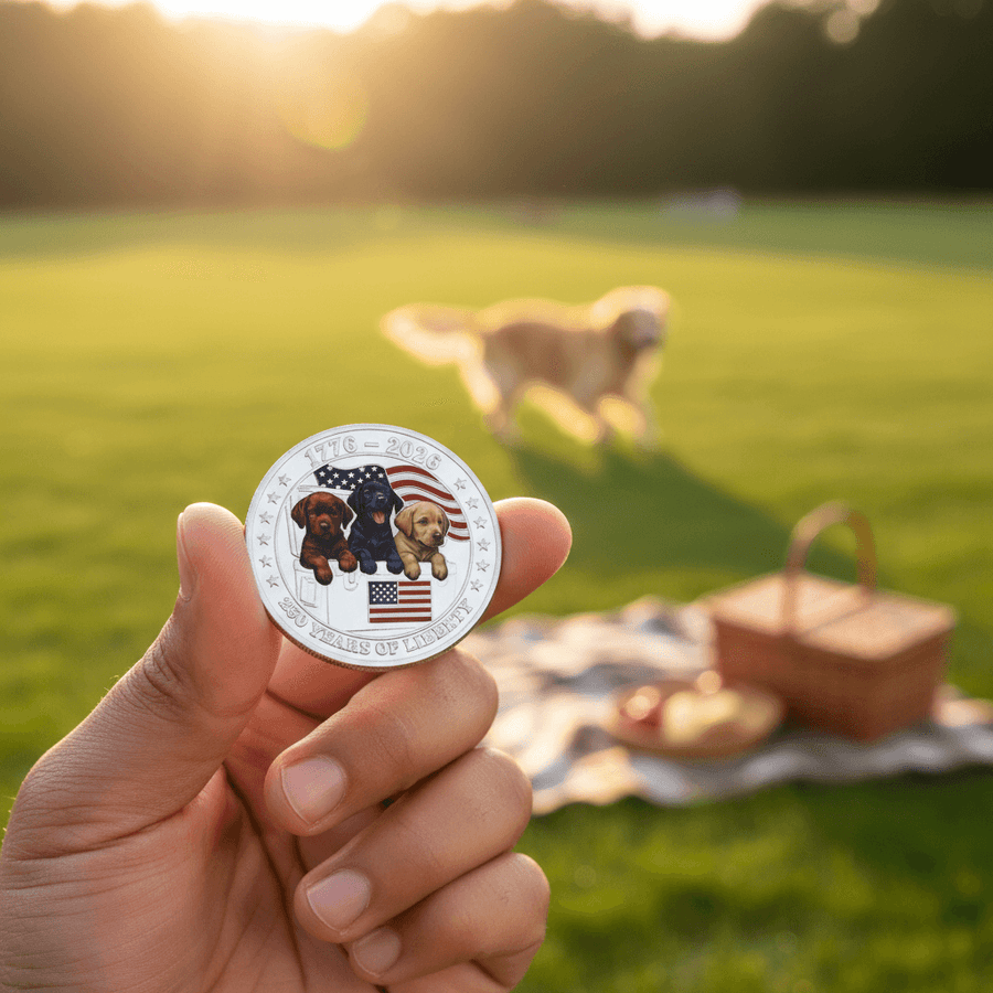 Hand holding patriotic dog USA 250th anniversary collectible coin silver enamel Labrador and golden retriever design outdoor lifestyle commemorative collectible token
