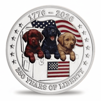Patriotic dog collectible coin reverse featuring three Labrador puppies with American flag 1776 2026 250 years of liberty commemorative collectible token
