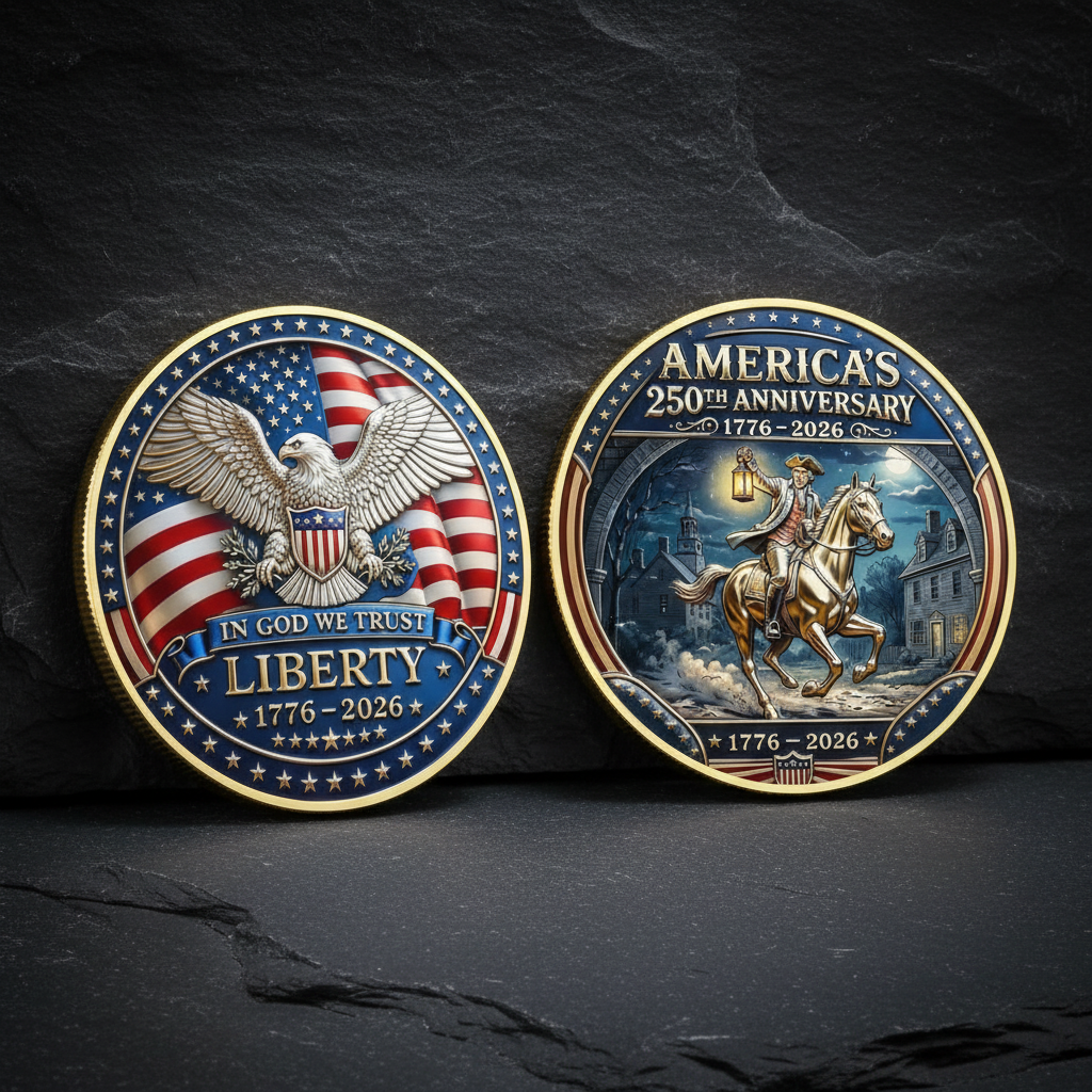 Paul Revere Midnight Ride USA 250th anniversary collectible coin both sides displayed front and reverse gold rim enamel patriotic commemorative collectible token
