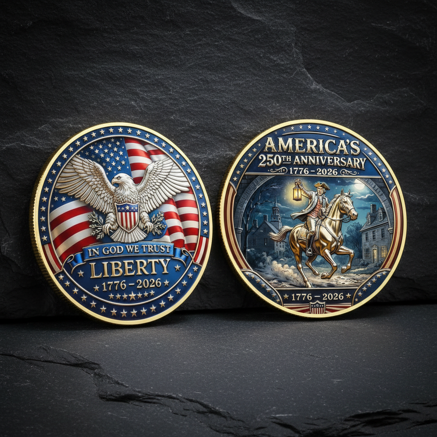 Paul Revere Midnight Ride USA 250th anniversary collectible coin both sides displayed front and reverse gold rim enamel patriotic commemorative collectible token

