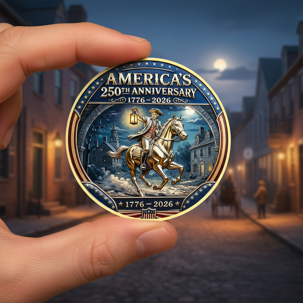 Hand holding Paul Revere Midnight Ride USA 250th anniversary collectible coin colonial street background patriotic commemorative collectible token lifestyle shot
