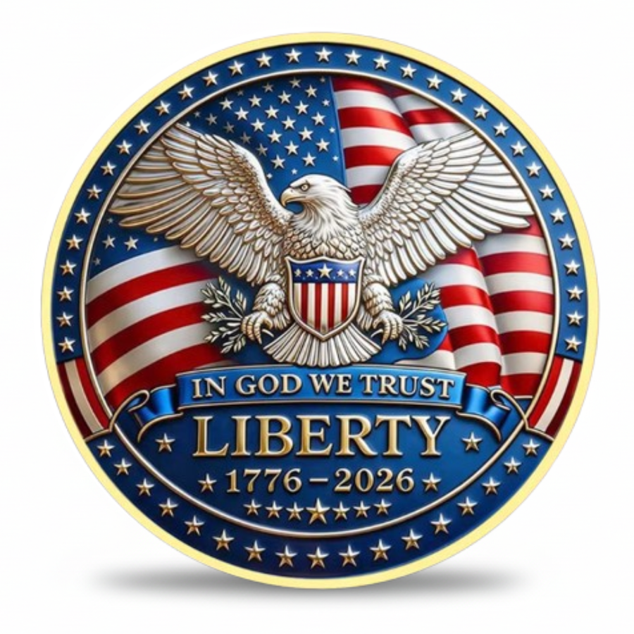 Paul Revere Midnight Ride coin reverse featuring soaring Bald Eagle with American flag In God We Trust Liberty 1776 2026 gold rim commemorative collectible token
