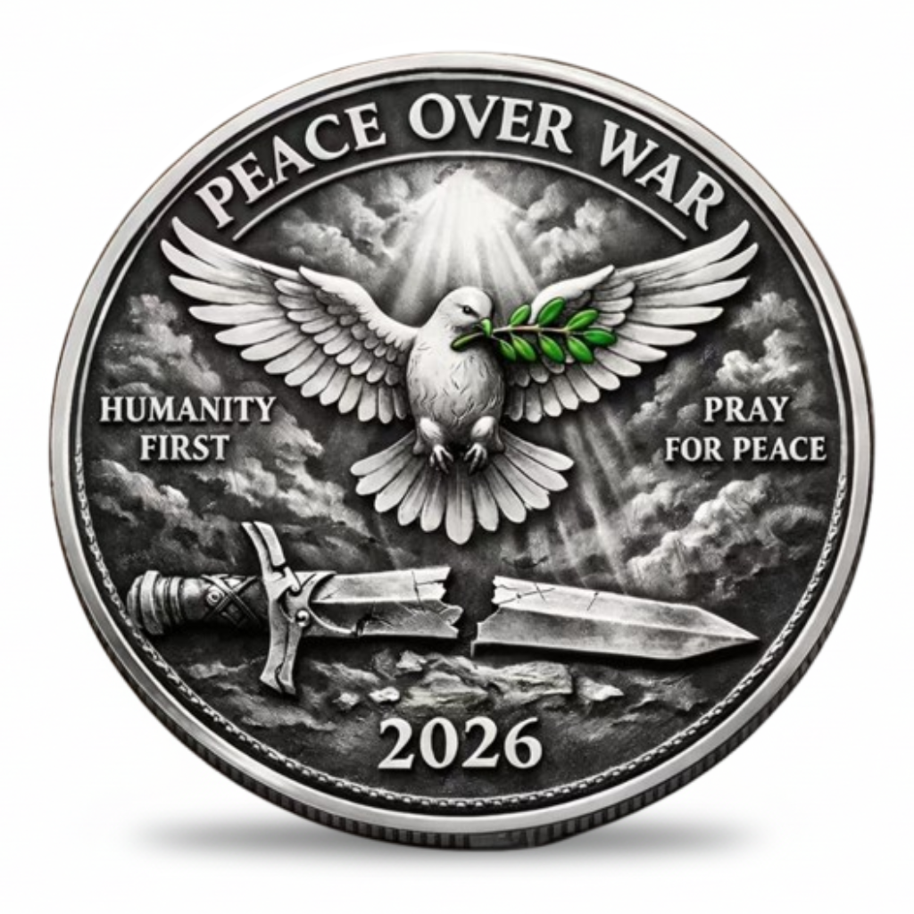 Peace Over War 2026 collectible coin silver finish featuring dove with olive branch broken sword Humanity First Pray for Peace inscription available at One More Coin store
