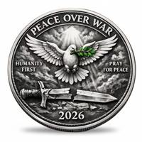 Peace Over War 2026 collectible coin silver finish featuring dove with olive branch broken sword Humanity First Pray for Peace inscription available at One More Coin store
