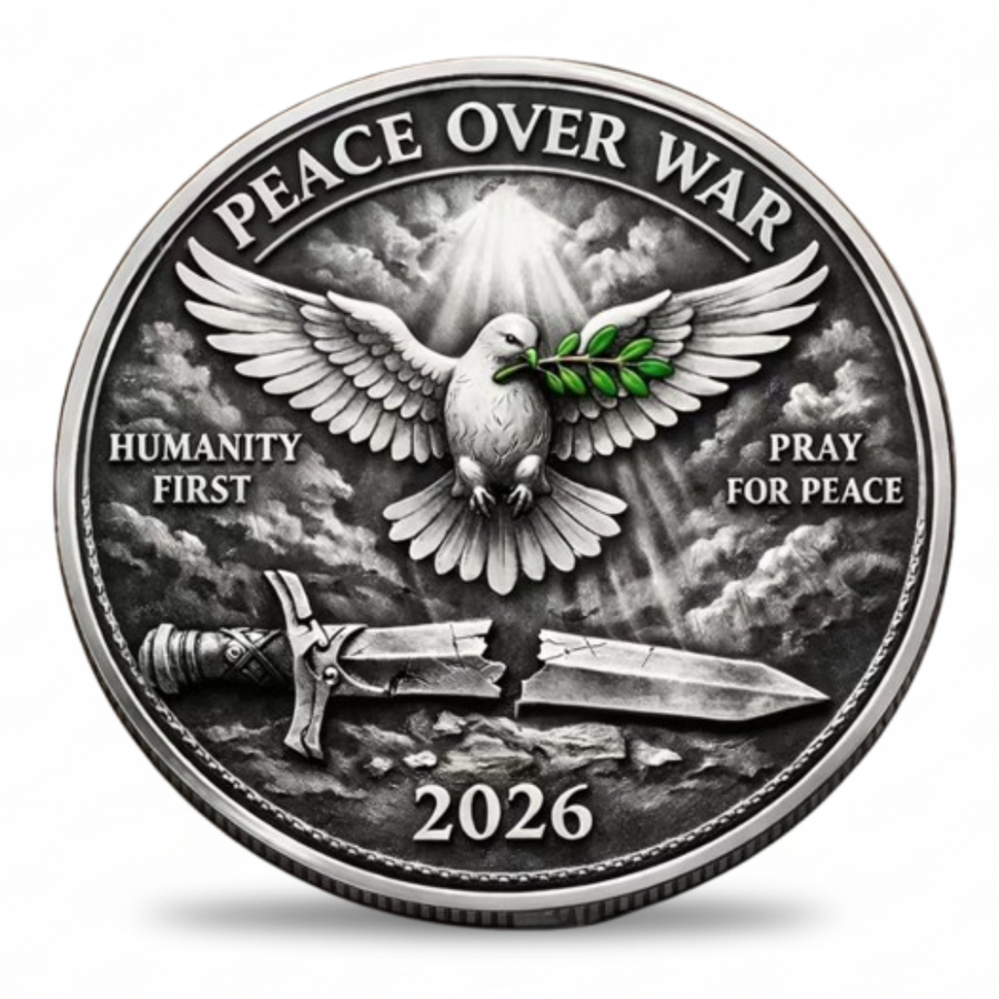 Peace Over War 2026 collectible coin silver finish featuring dove with olive branch broken sword Humanity First Pray for Peace inscription available at One More Coin store
