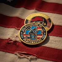 Two gold-tone enamel law enforcement challenge coins displayed on American flag fabric showing Blessed Are The Peacemakers obverse and skull warrior's creed reverse, patriotic collectible coin
