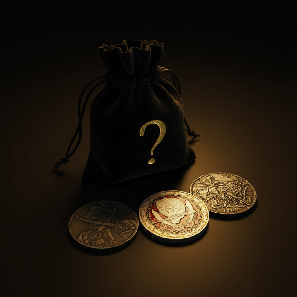 A black velvet drawstring pouch with a gold question mark sits on a dark surface, with three pirate gold-toned coins placed in front. The scene is lit dramatically with warm light, creating a mysterious treasure-like presentation.