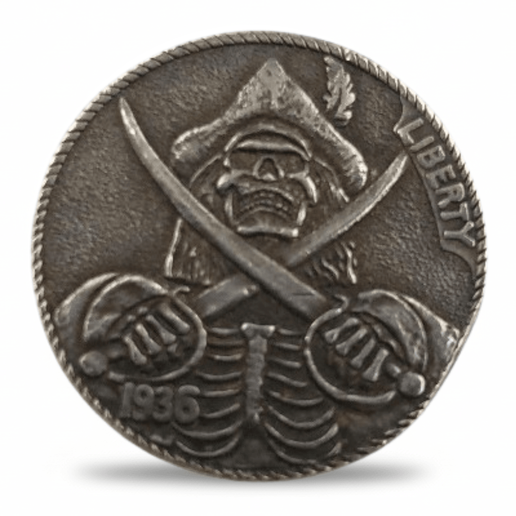 Pirate skeleton hobo nickel collectible coin with crossed swords and skull design gift for collectors available at One More Coin store
