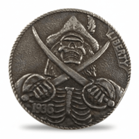 Pirate skeleton hobo nickel collectible coin with crossed swords and skull design gift for collectors available at One More Coin store
