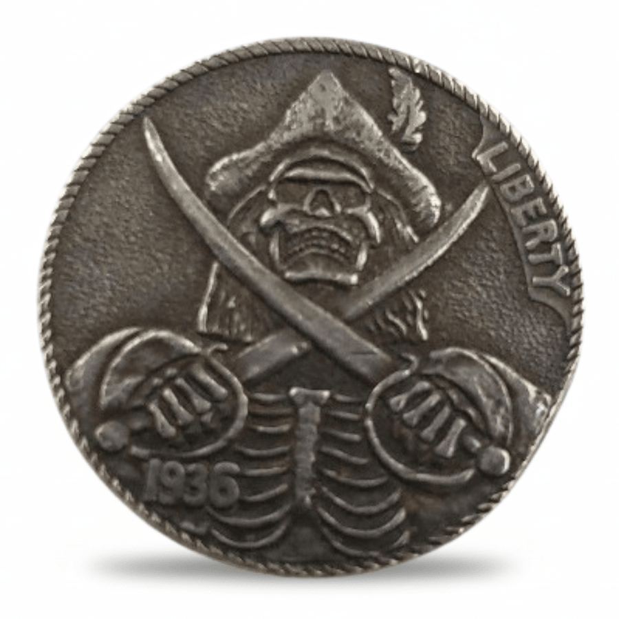 Pirate skeleton hobo nickel collectible coin with crossed swords and skull design gift for collectors available at One More Coin store
