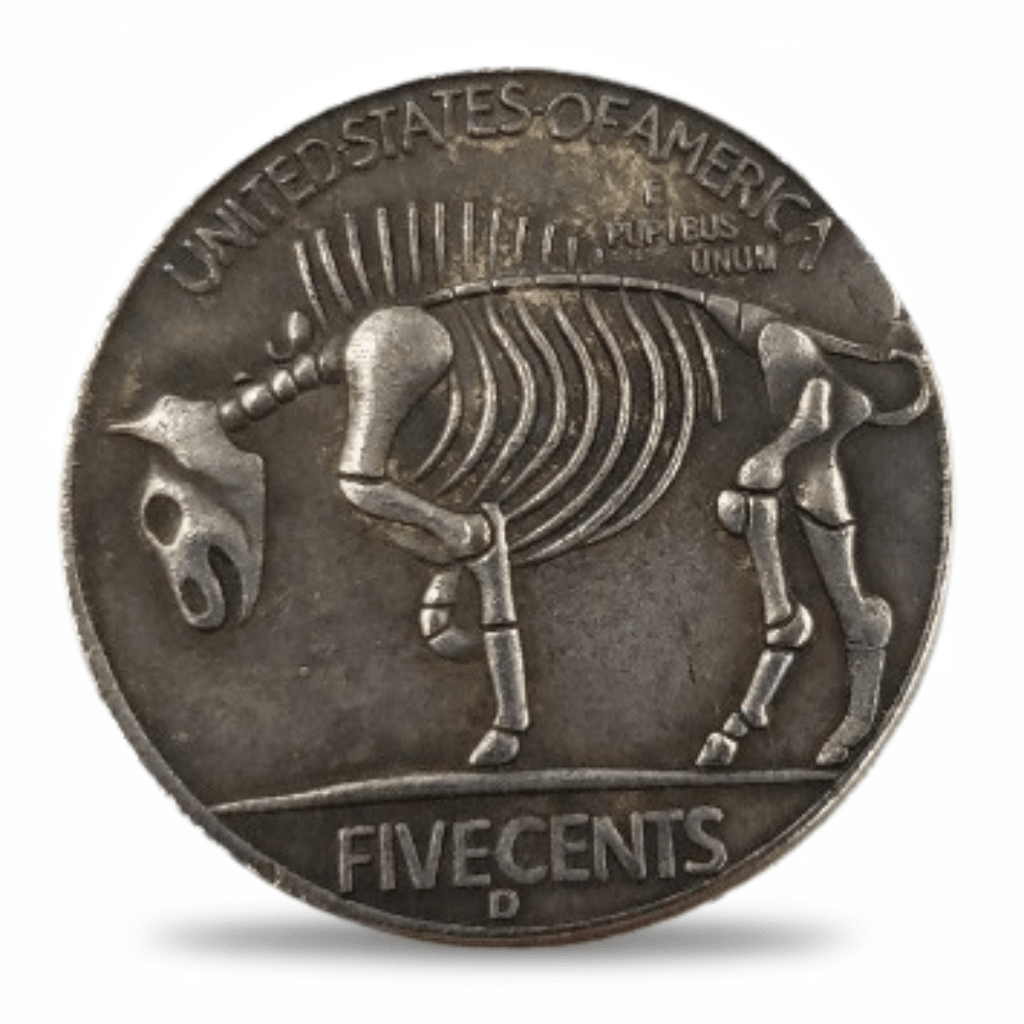 Reverse of pirate skeleton hobo nickel collectible coin token showing bison skeleton engraving
