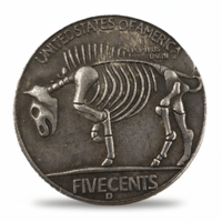 Reverse of pirate skeleton hobo nickel collectible coin token showing bison skeleton engraving

