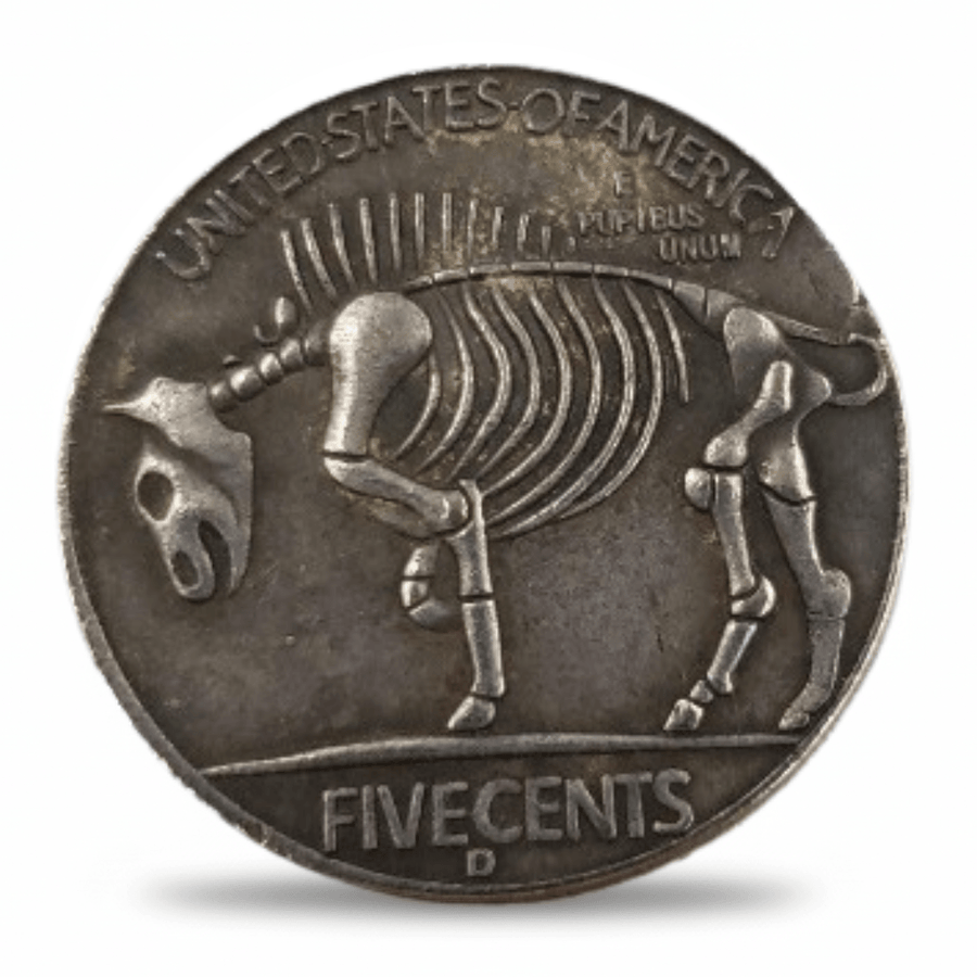 Reverse of pirate skeleton hobo nickel collectible coin token showing bison skeleton engraving
