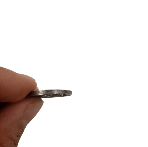 Hand holding pirate skeleton collectible coin token showing small 20mm Buffalo Nickel size profile
