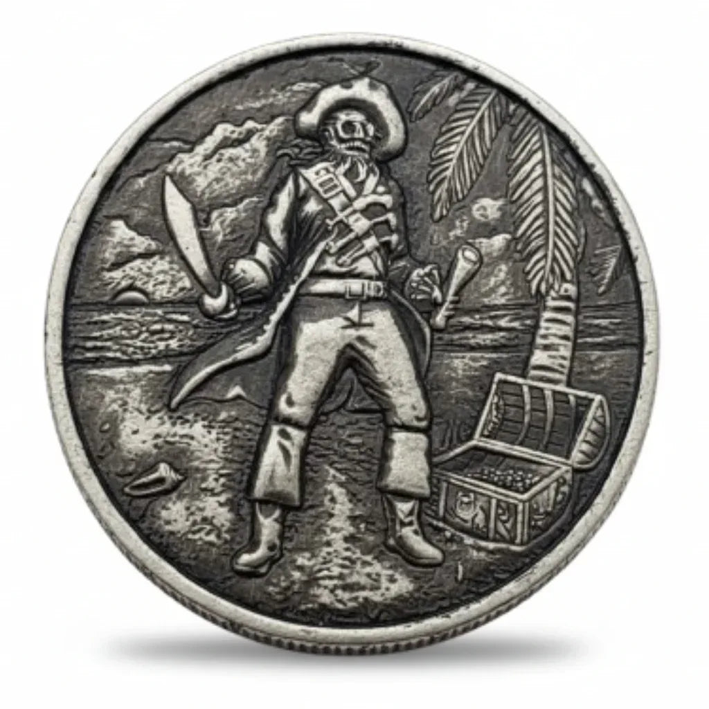 Pirate skeleton island treasure commemorative collectible coin sword pistol treasure chest tropical island gift available at One More Coin store
