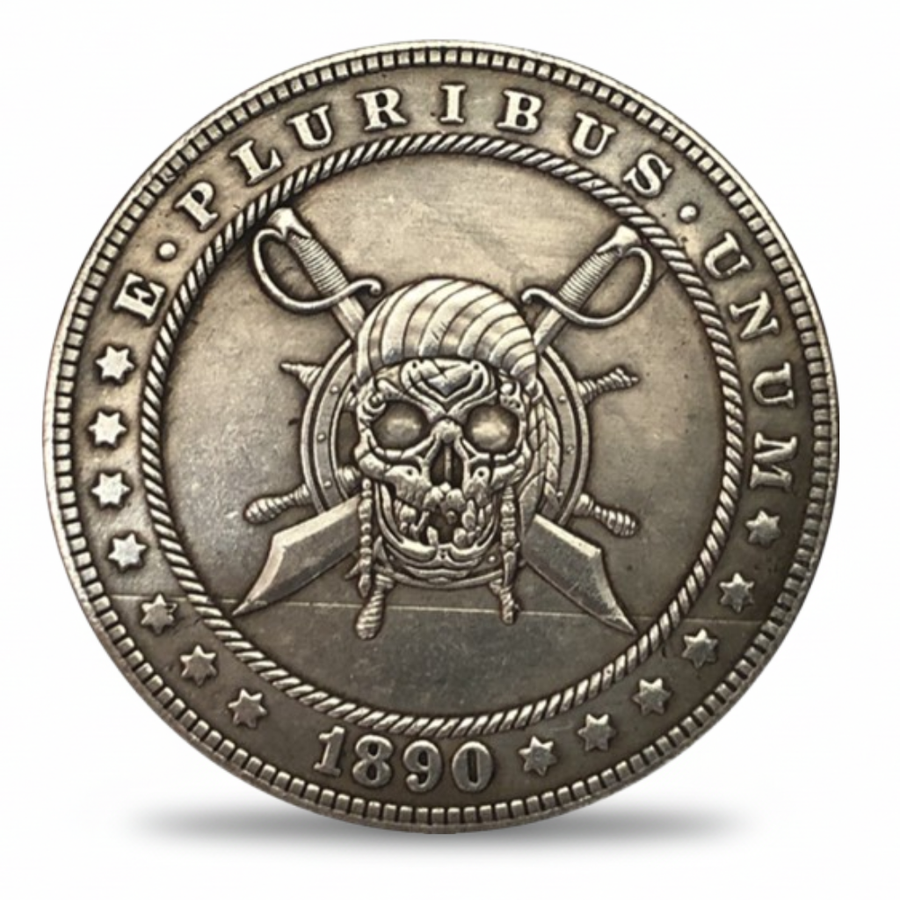 Pirate skull hobo nickel collectible coin antique silver crossed cutlass swords ship's wheel Morgan dollar format maritime gift for collectors available at One More Coin store

