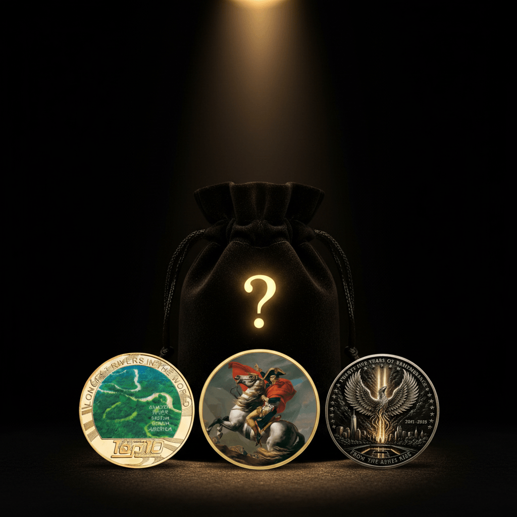 Three collectible coins displayed in front of a black velvet drawstring pouch with a glowing question mark, under dramatic spotlighting on a black background.