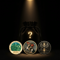 Three collectible coins displayed in front of a black velvet drawstring pouch with a glowing question mark, under dramatic spotlighting on a black background.