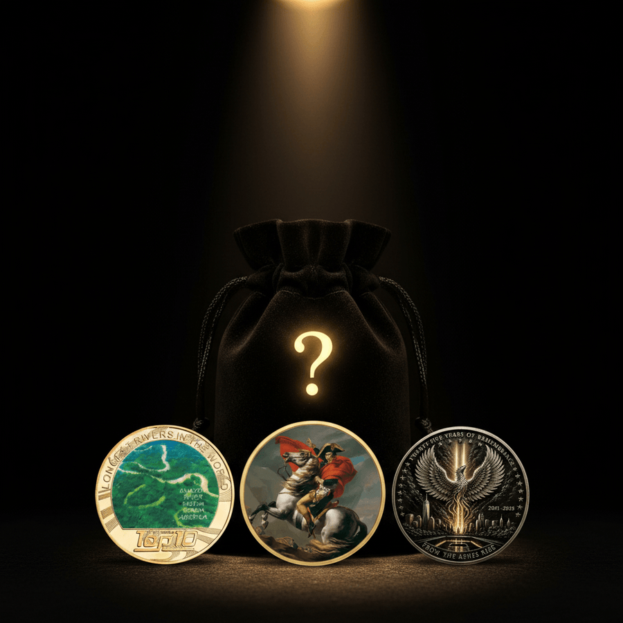 Three collectible coins displayed in front of a black velvet drawstring pouch with a glowing question mark, under dramatic spotlighting on a black background.