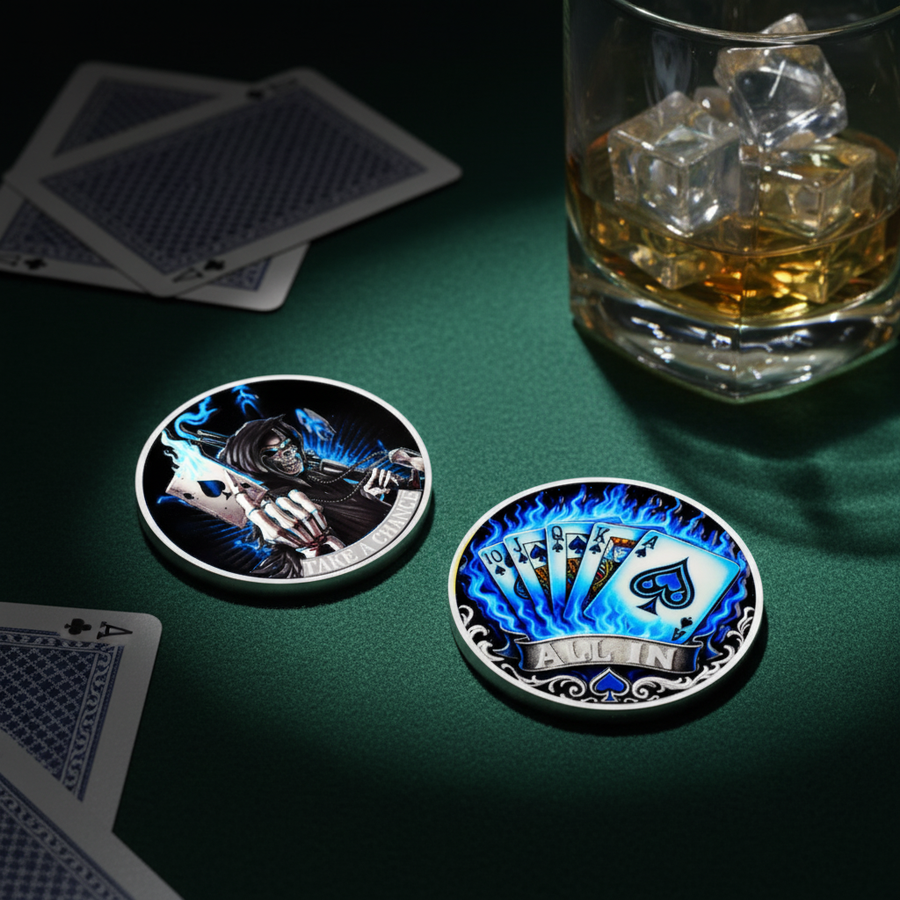 All In poker collectible coin set on green felt table with playing cards and whiskey glass