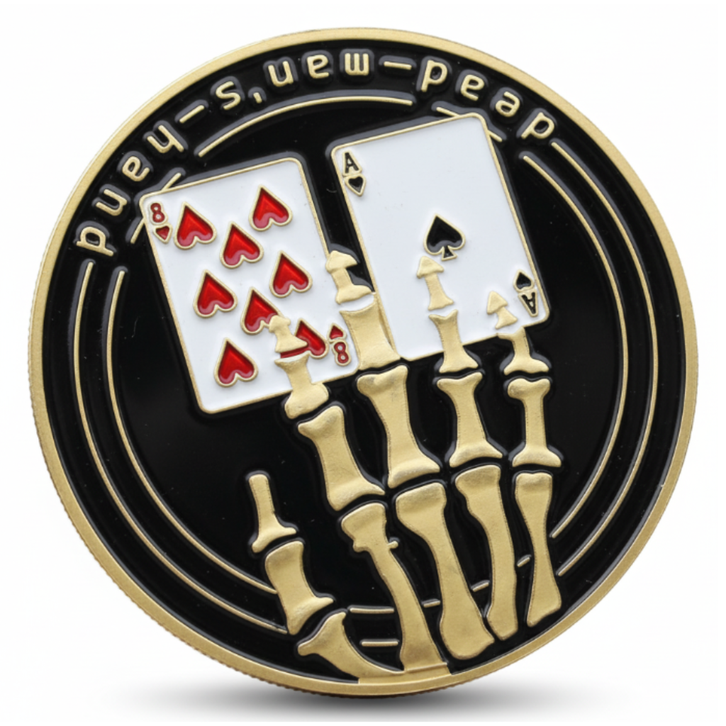 Dead Man's Hand skeleton poker themed collectible coin available at One More Coin store

