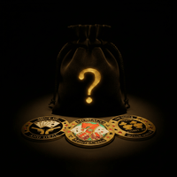 A black velvet mystery drawstring bag with a glowing gold question mark, with three gold-bordered poker guard card coins placed in front on a black background.
