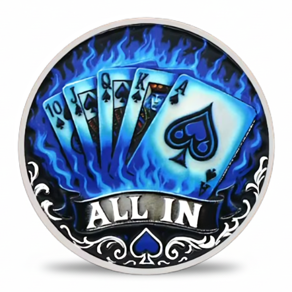 Royal flush All In spades poker gaming collectible coin blue flames reverse side

